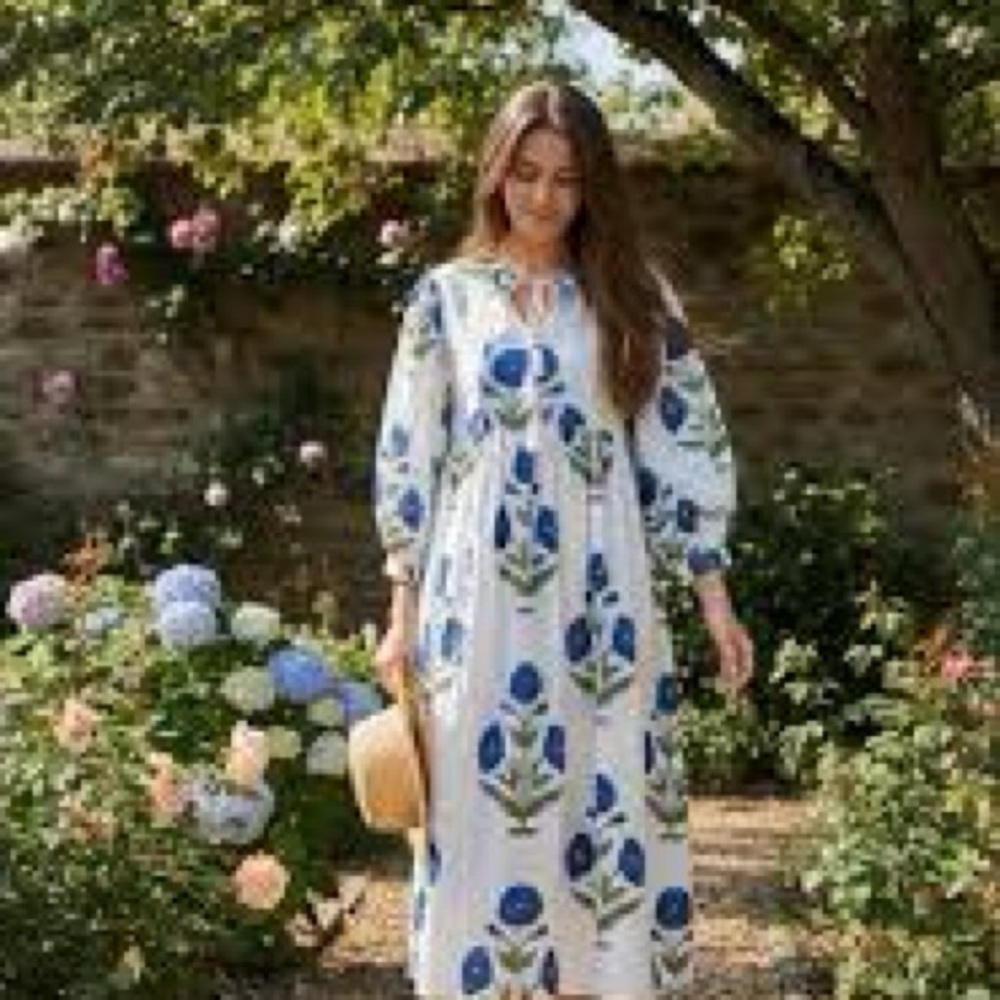 Victoria Dunn Blue Floral Block Print Maxi Dress size M/XL
